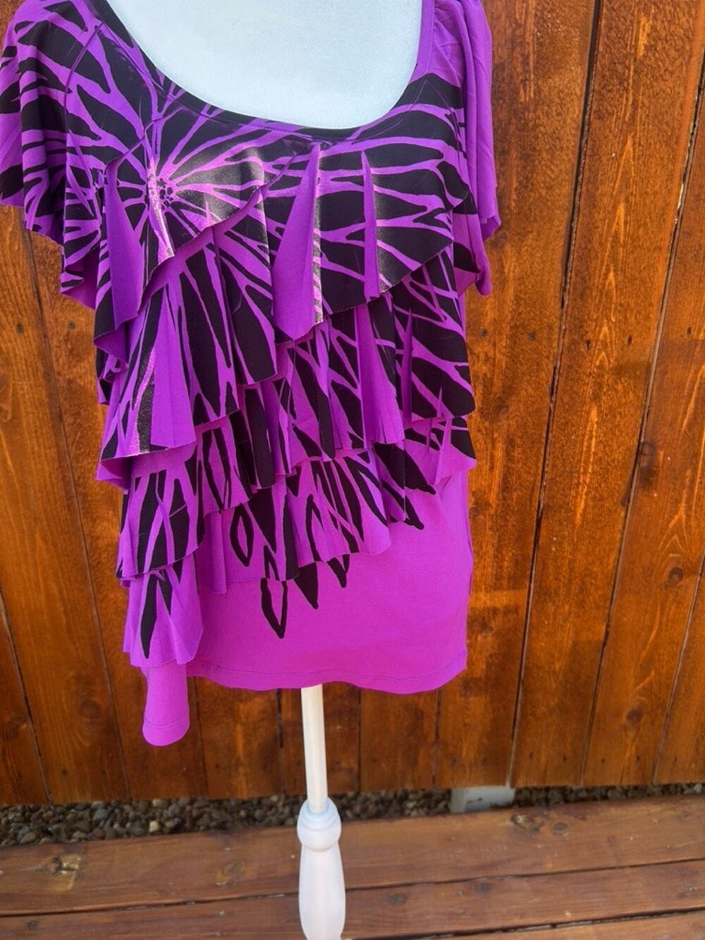 AB Studio Purple and Black Tiered Ruffle Front Top, Size Large